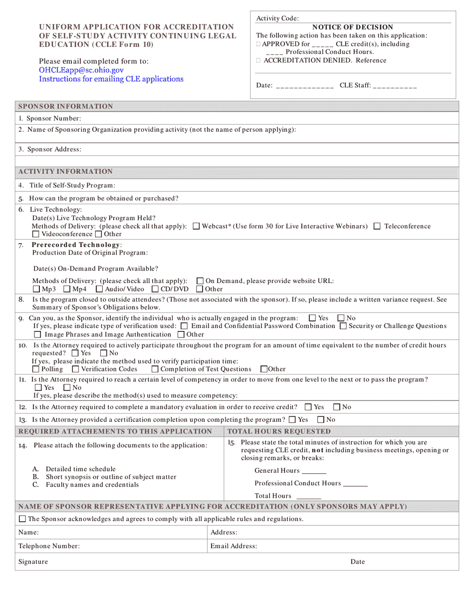 CCLE Form 10 Uniform Application for Accreditation of Self-study Activity Continuing Legal Education - Ohio, Page 1