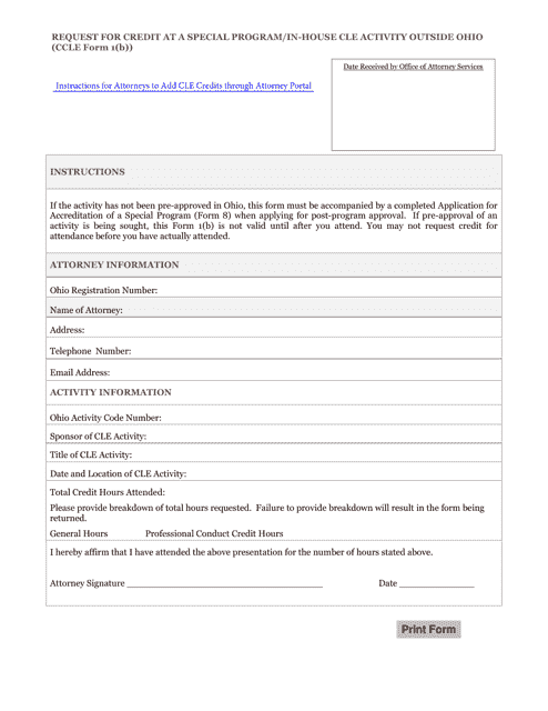 CCLE Form 1(B) Request for Credit at a Special Program/In-house Cle Activity Outside Ohio - Ohio
