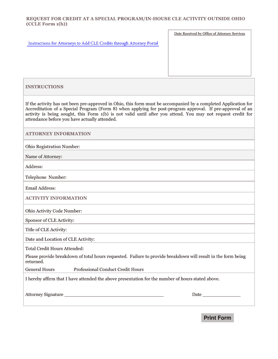 CCLE Form 1(B) Request for Credit at a Special Program / In-house Cle Activity Outside Ohio - Ohio, Page 1