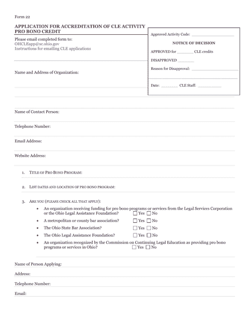 Form 22 Application for Accreditation of Cle Activity Pro Bono Credit - Ohio