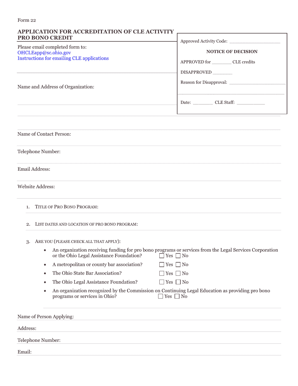 Form 22 Application for Accreditation of Cle Activity Pro Bono Credit - Ohio, Page 1
