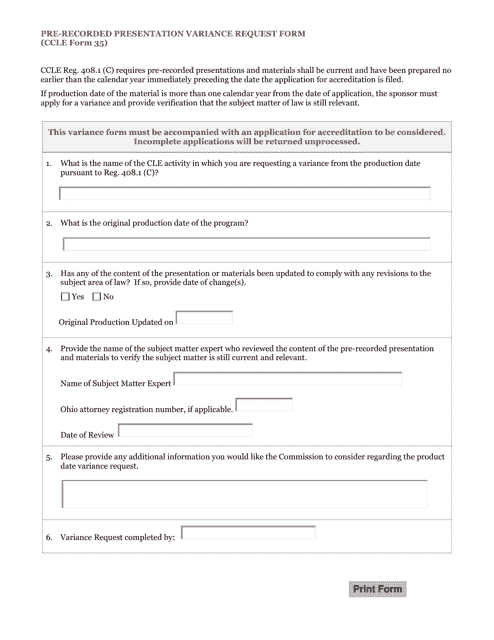 CCLE Form 35 Pre-recorded Presentation Variance Request Form - Ohio