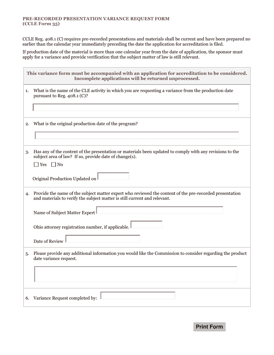 CCLE Form 35 Pre-recorded Presentation Variance Request Form - Ohio, Page 1