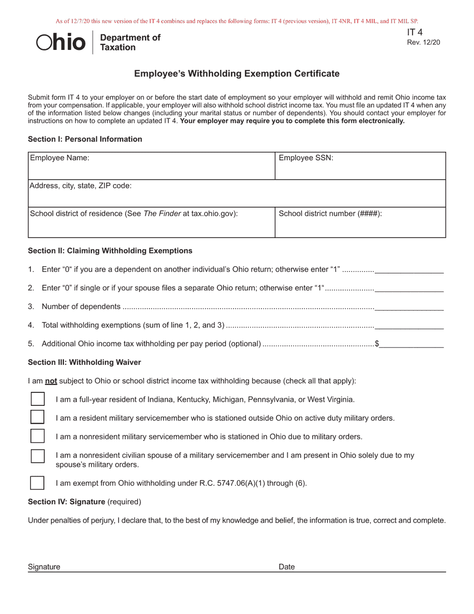 Form It4 Download Fillable Pdf Or Fill Online Employee S Withholding Exemption Certificate Ohio