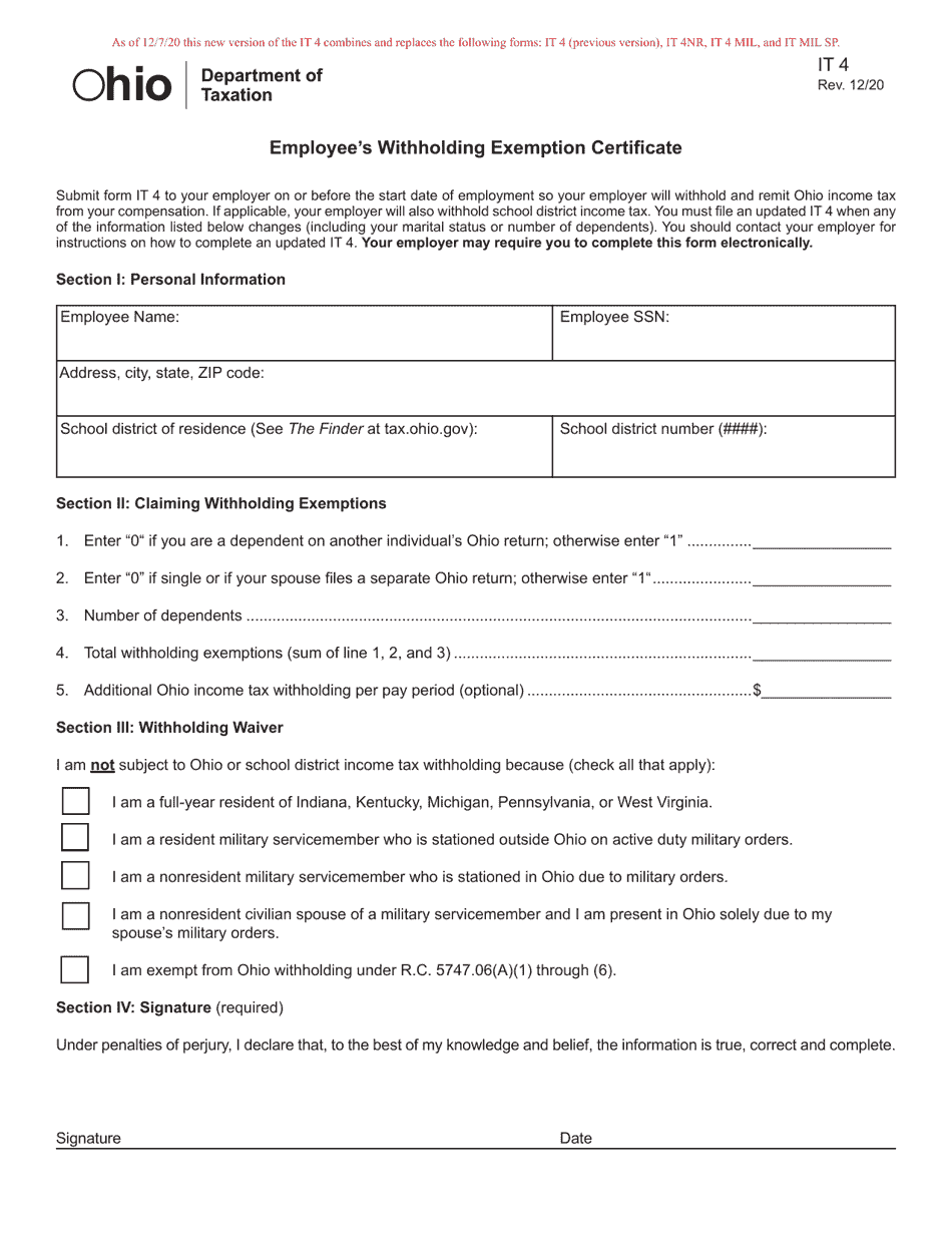 Form IT4 Employees Withholding Exemption Certificate - Ohio, Page 1