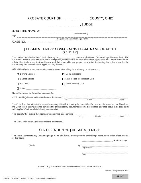Form 21.8 (SCO-CLC-PBT0021.8) Judgment Entry Conforming Legal Name of Adult - Ohio