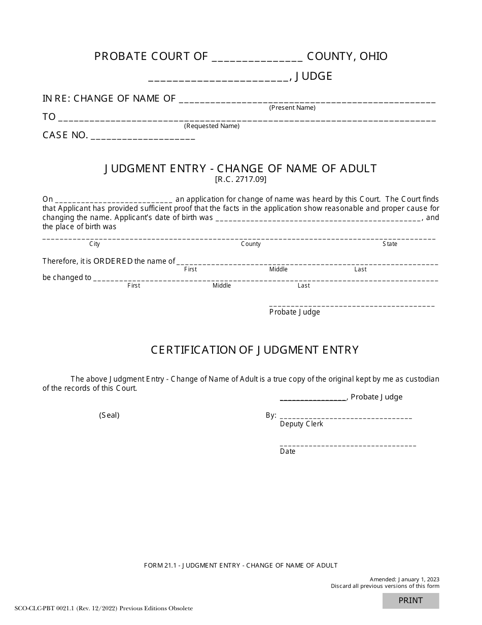 Form 21.1 (SCO-CLC-PBT0021.1) Judgment Entry - Change of Name of Adult - Ohio, Page 1