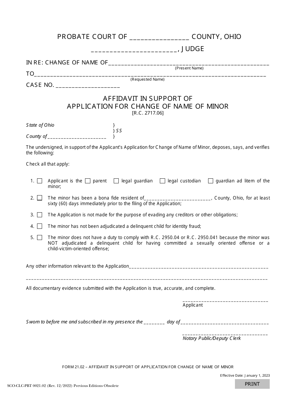 Form 21.02 (SCO-CLC-PBT0021.02) Affidavit in Support of Application for Change of Name of Minor - Ohio, Page 1