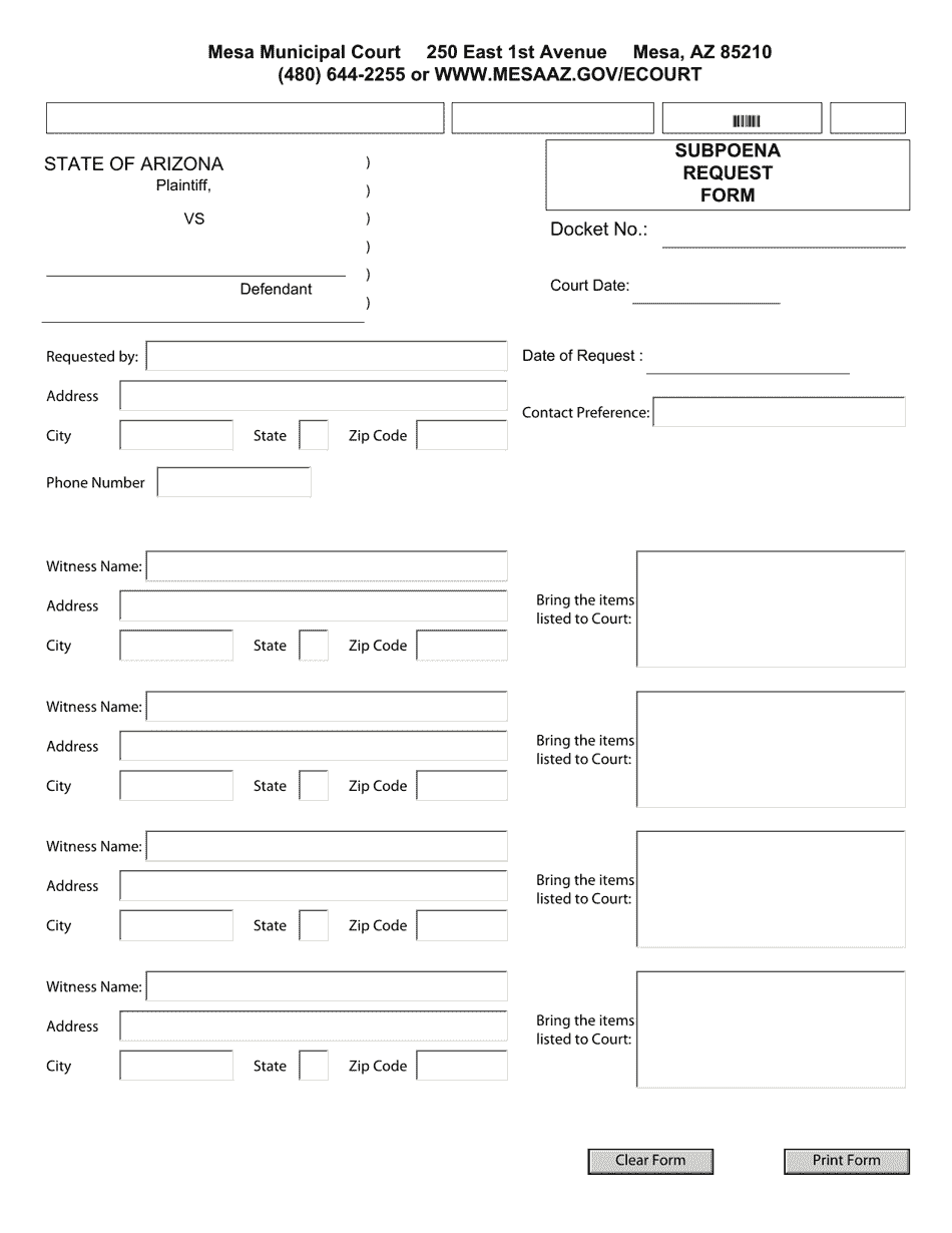 Subpoena Request Form - City of Mesa, Arizona, Page 1
