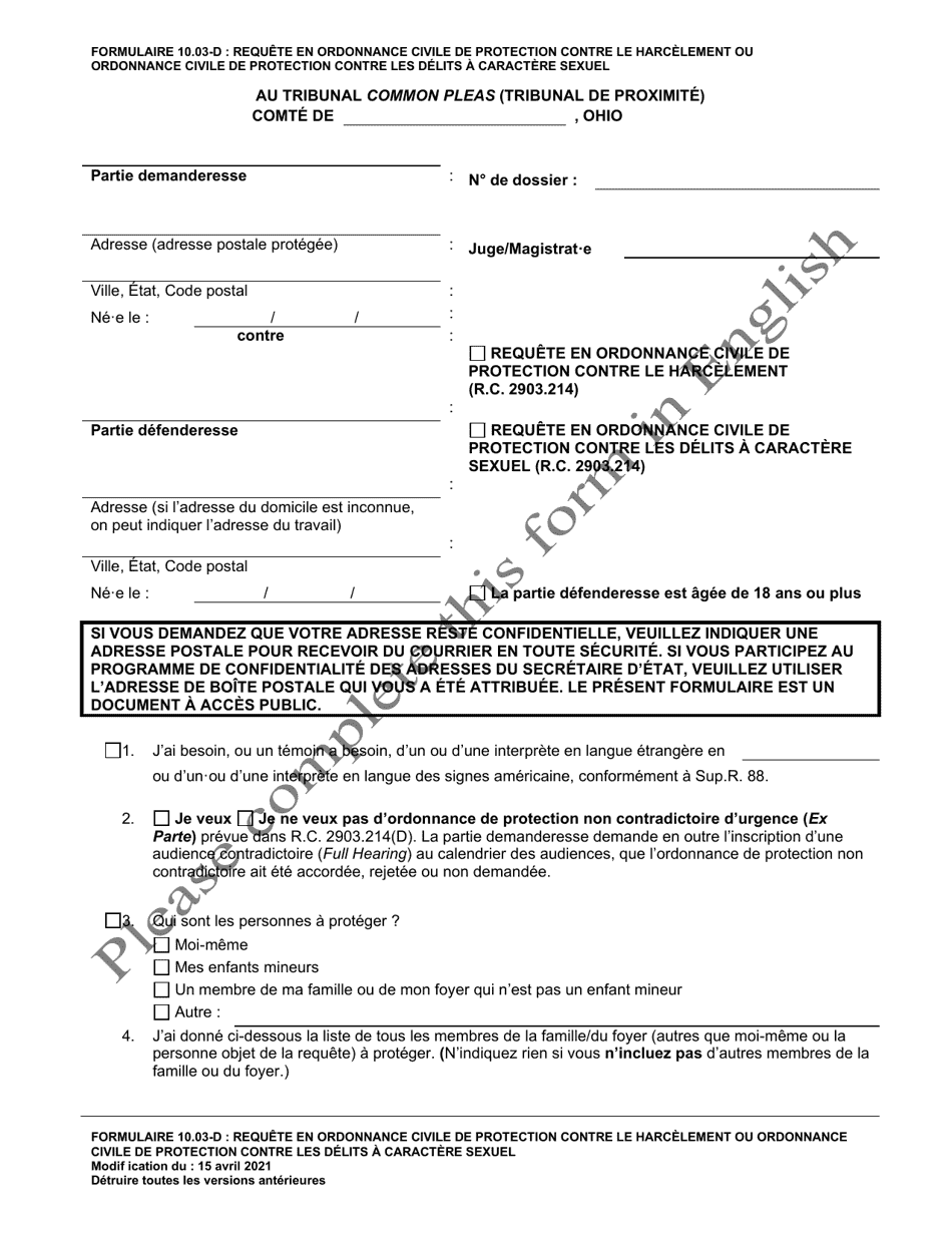 Form 10.03-D Petition for Civil Stalking Protection Order or Civil Sexually Oriented Offense Protection Order - Ohio (French), Page 1