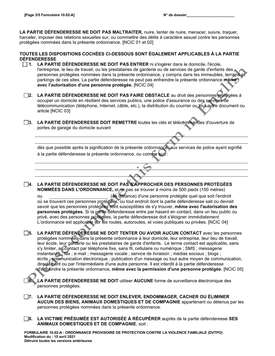 Form 10.02-A Domestic Violence Temporary Protection Order - Ohio (French), Page 3