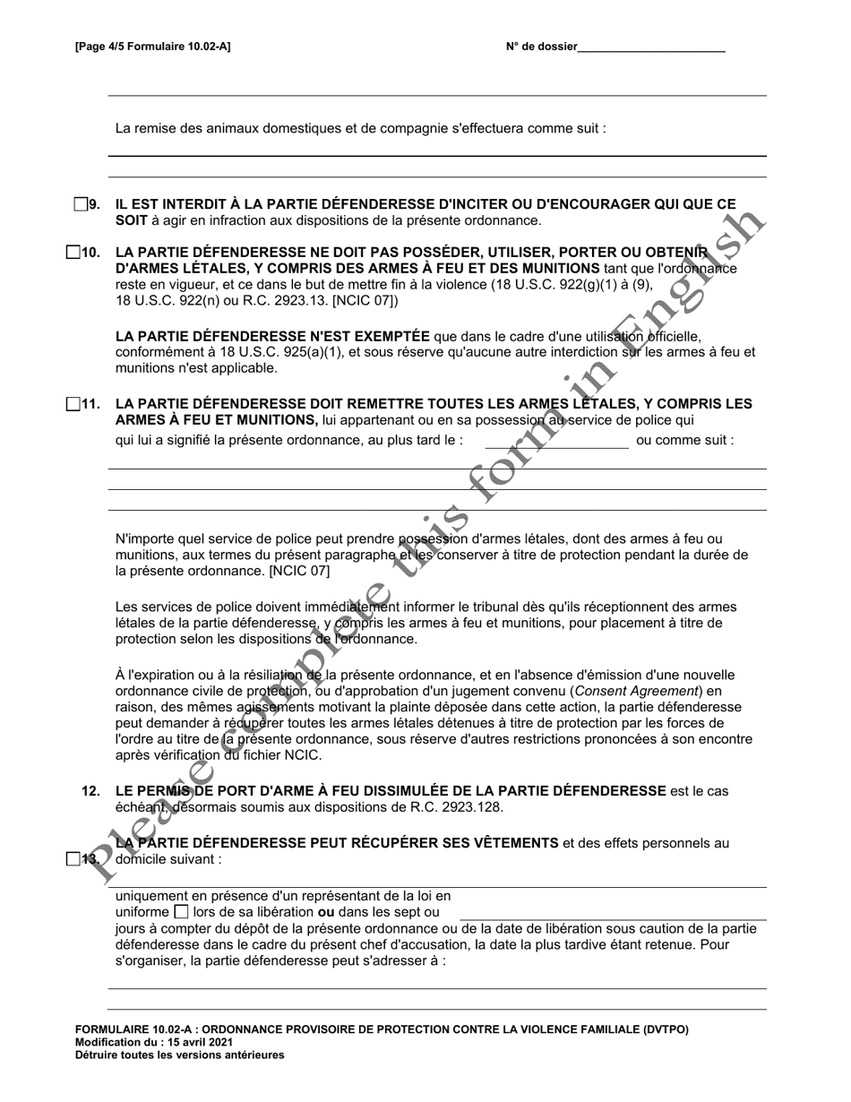Form 10.02-A Domestic Violence Temporary Protection Order - Ohio (French), Page 4