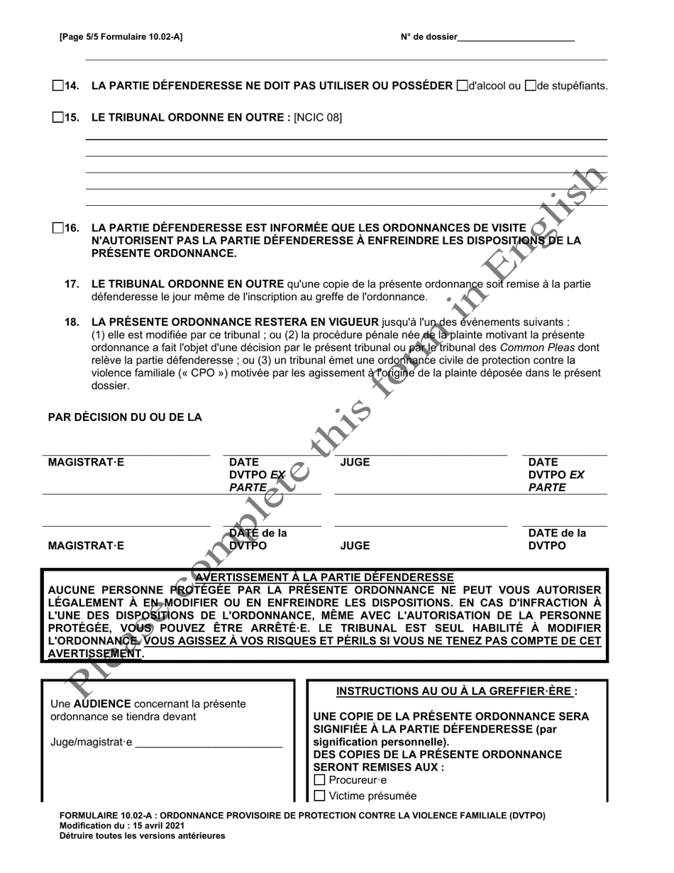 Form 10.02-A Domestic Violence Temporary Protection Order - Ohio (French), Page 5