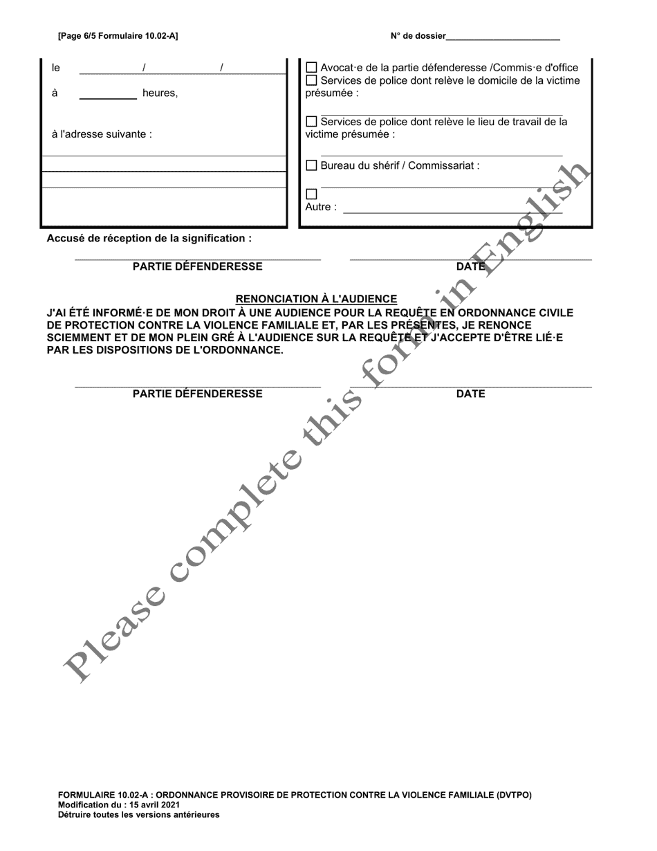Form 10.02-A Domestic Violence Temporary Protection Order - Ohio (French), Page 6