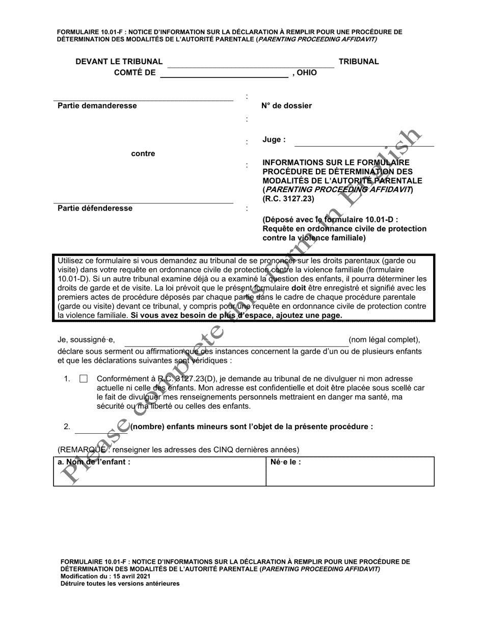 Form 10.01-F Information for Parenting Proceeding Affidavit - Ohio (French), Page 1