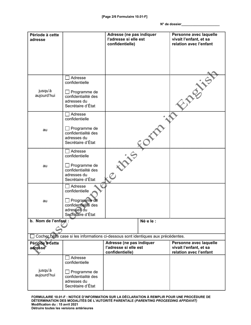 Form 10.01-F Information for Parenting Proceeding Affidavit - Ohio (French), Page 2