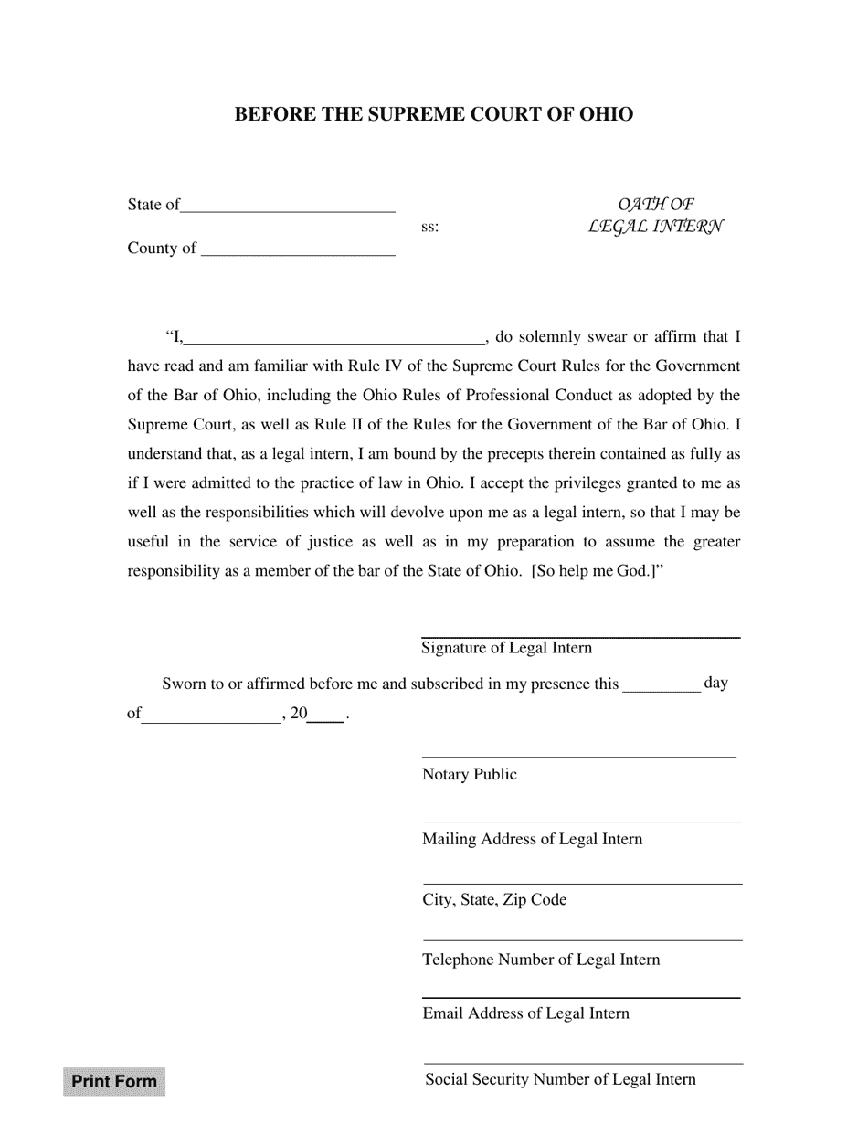 Ohio Oath Of Legal Intern Fill Out Sign Online And Download PDF   Page 1 Thumb 950 