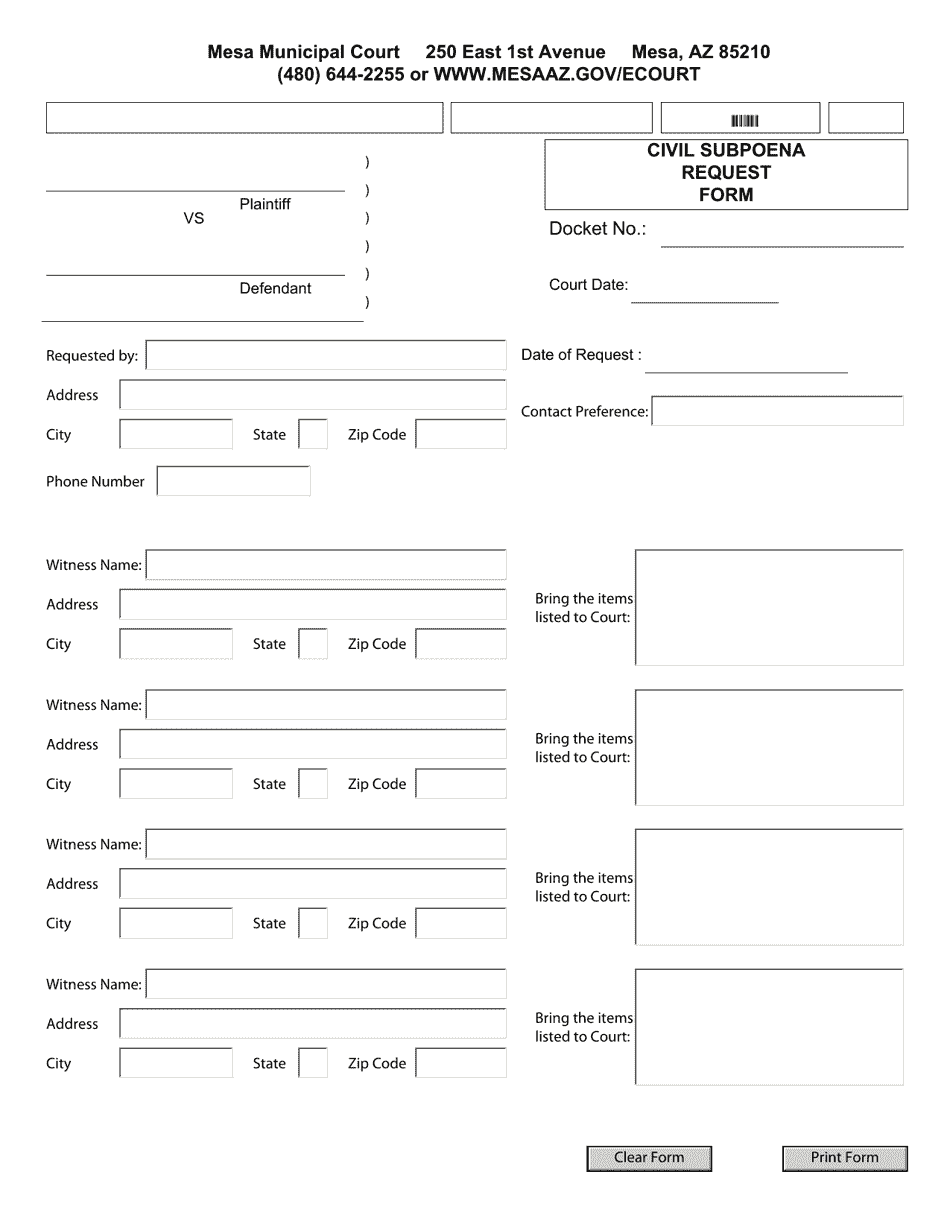 City of Mesa, Arizona Civil Subpoena Request Form Fill Out, Sign