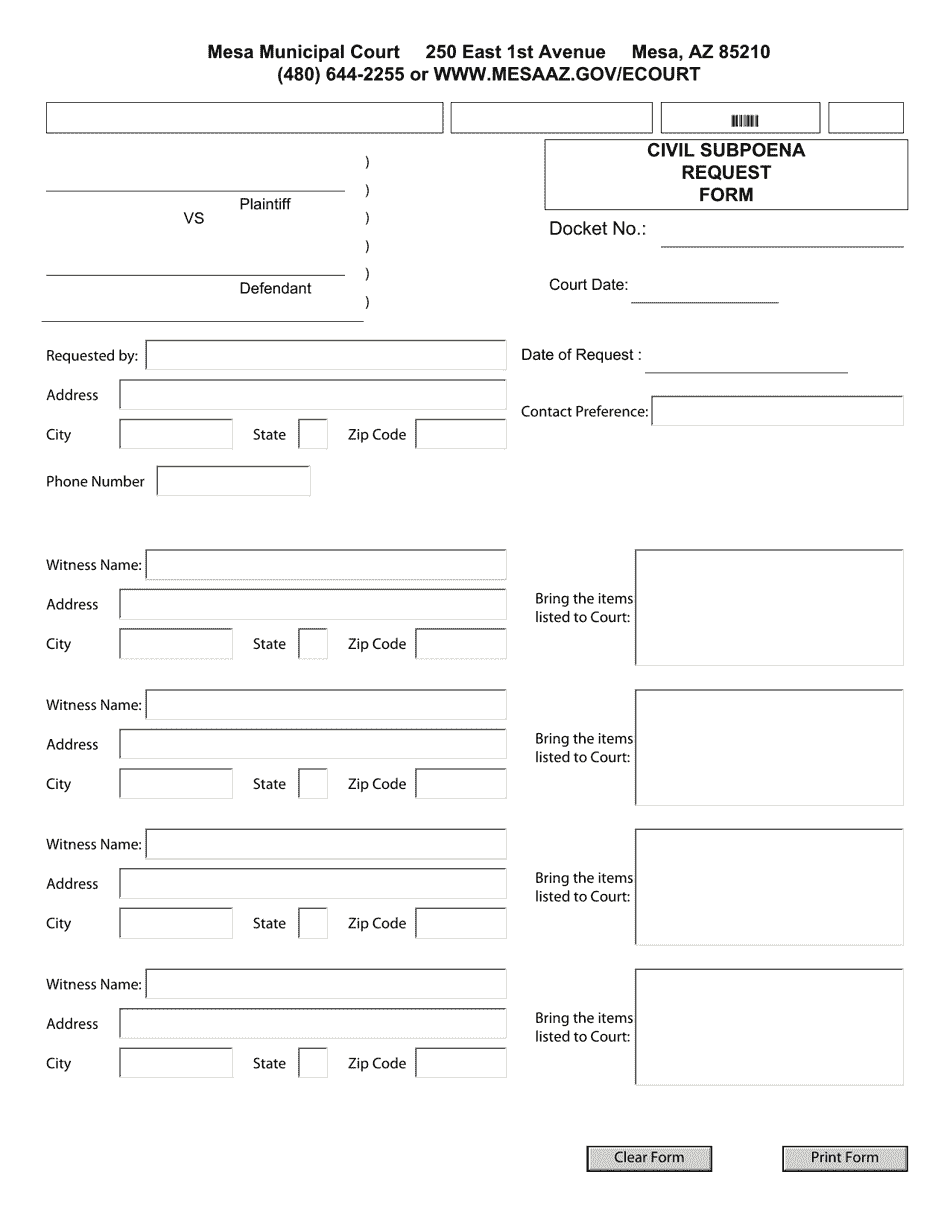 Civil Subpoena Request Form - City of Mesa, Arizona, Page 1
