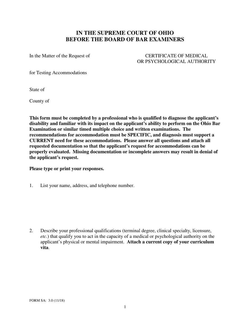 Form SA:3.0 Certificate of Medical or Psychological Authority - Ohio, Page 1