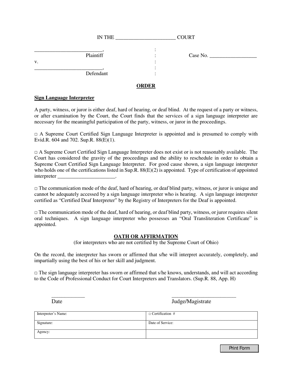 Sign Language Interpreter Appointment Order - Ohio, Page 1