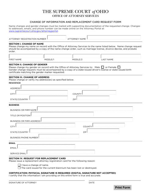 Change of Information and Replacement Card Request Form - Ohio Download Pdf