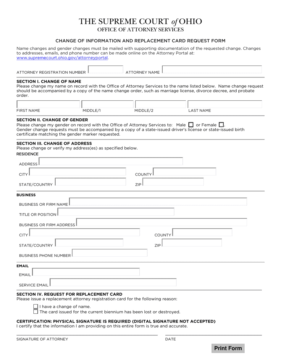 Change of Information and Replacement Card Request Form - Ohio, Page 1