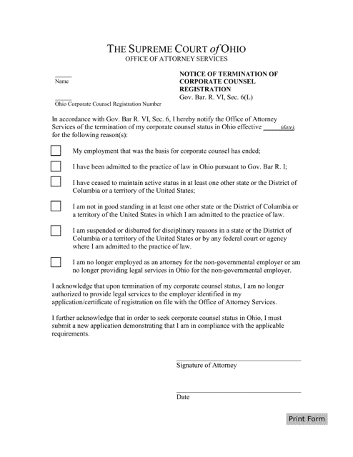 Notice of Termination of Corporate Counsel Registration - Ohio