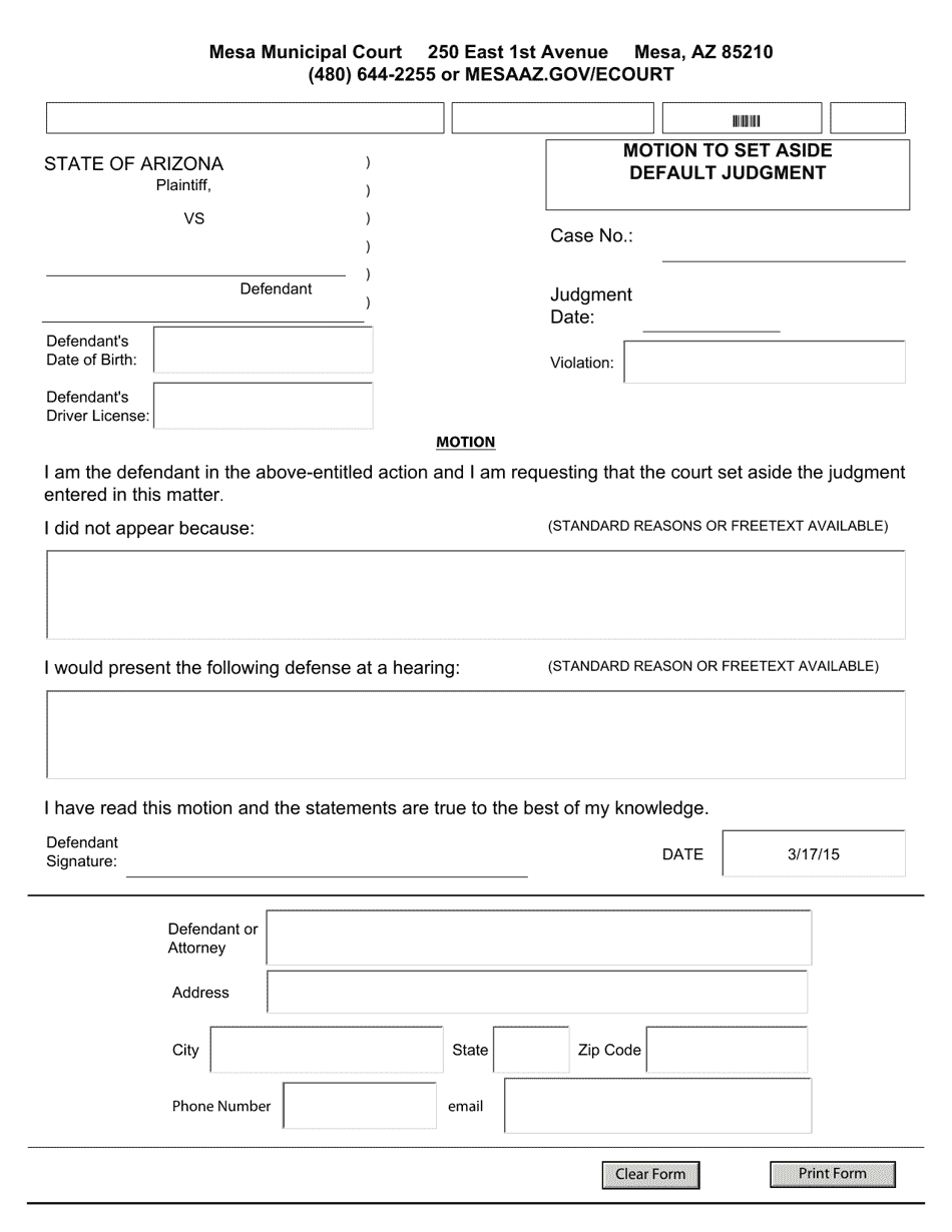 Motion to Set Aside Default Judgment - City of Mesa, Arizona, Page 1