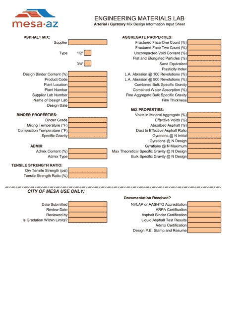 Arterial/Gyratory Mix Design Information Input Sheet - City of Mesa, Arizona