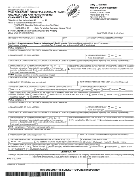 Form BOE-267-O Welfare Exemption Supplemental Affidavit, Organizations and Persons Using Claimant's Real Property - Madera County, California