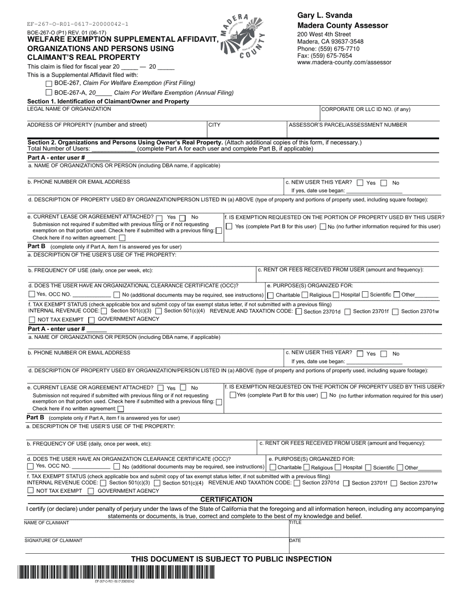 Form BOE-267-O Welfare Exemption Supplemental Affidavit, Organizations and Persons Using Claimants Real Property - Madera County, California, Page 1