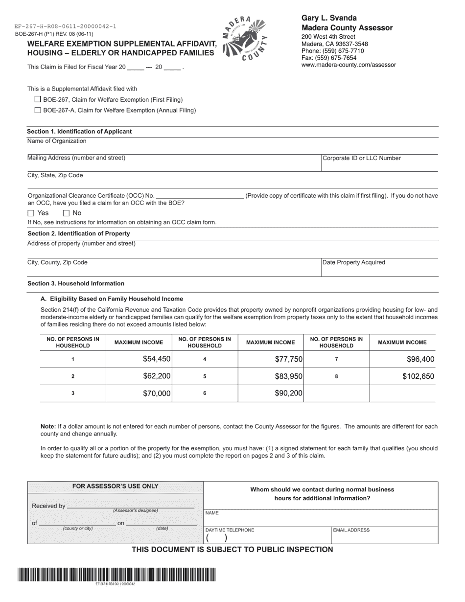 Form BOE-267-H Welfare Exemption Supplemental Affidavit, Housing - Elderly or Handicapped Families - Madera County, California, Page 1