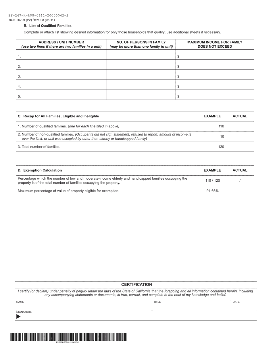 Form BOE-267-H Welfare Exemption Supplemental Affidavit, Housing - Elderly or Handicapped Families - Madera County, California, Page 2
