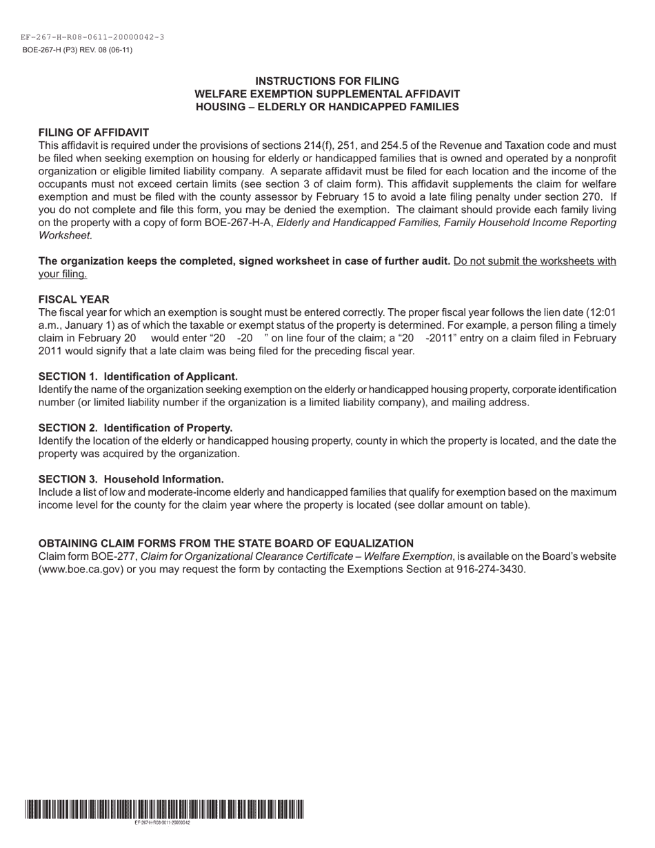 Form BOE-267-H Welfare Exemption Supplemental Affidavit, Housing - Elderly or Handicapped Families - Madera County, California, Page 3