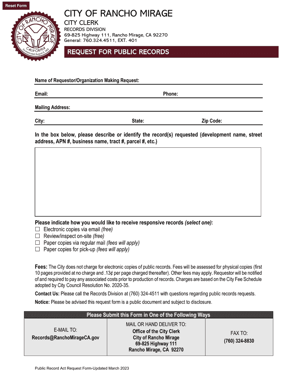 Request for Public Records - City of Rancho Mirage, California, Page 1