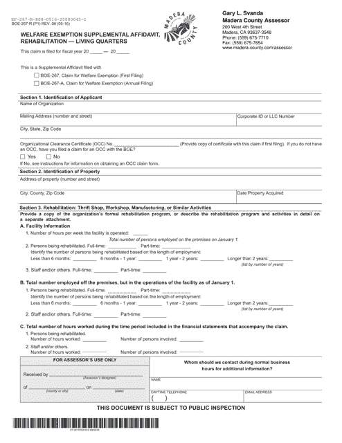 Form BOE-267-R Welfare Exemption Supplemental Affidavit, Rehabilitation - Living Quarters - Madera County, California