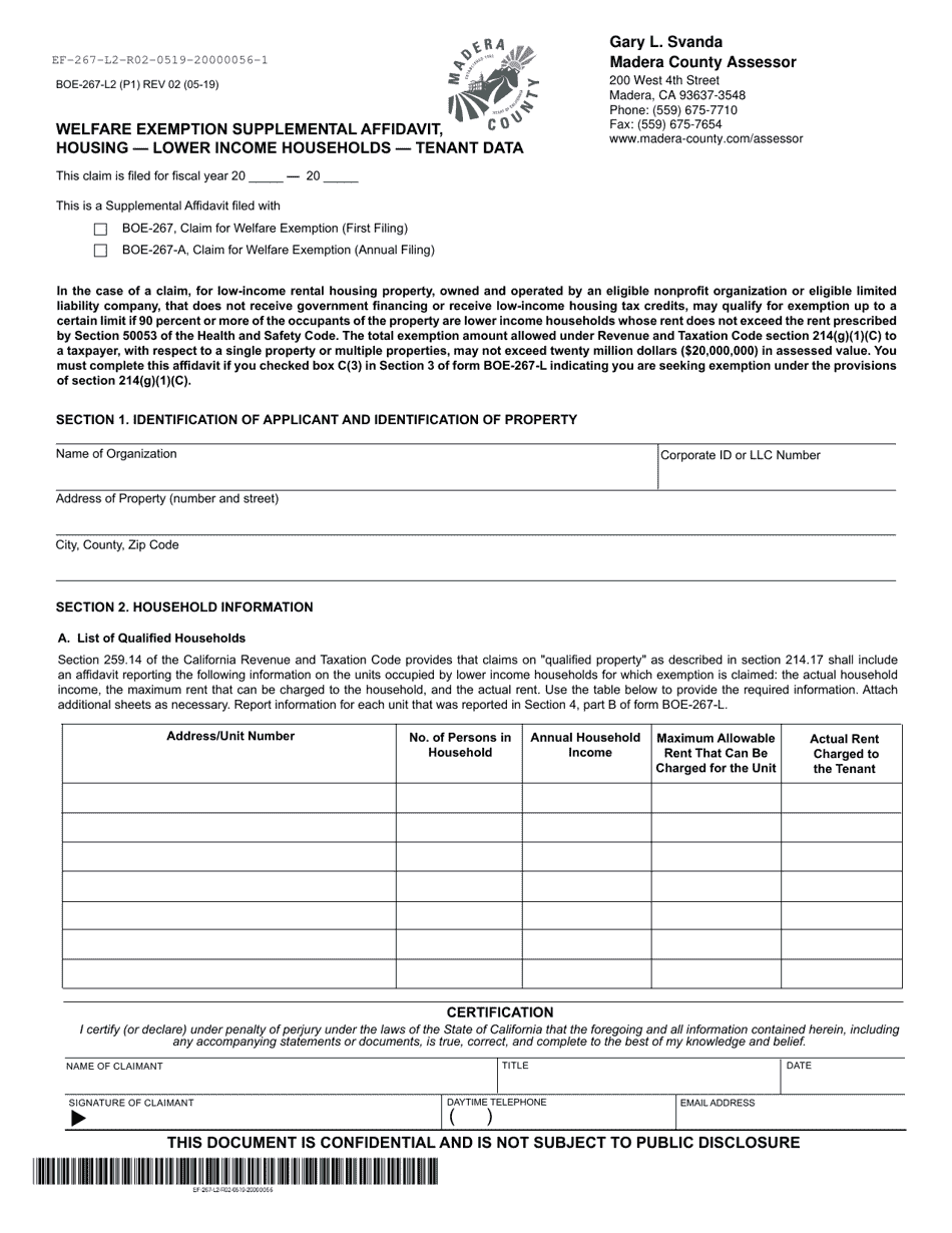 Form BOE-267-L2 Welfare Exemption Supplemental Affidavit, Housing - Lower Income Households - Tenant Data - Madera County, California, Page 1