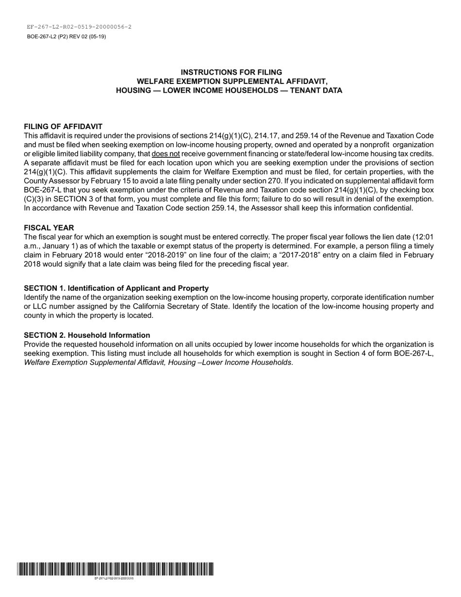 Form BOE-267-L2 Welfare Exemption Supplemental Affidavit, Housing - Lower Income Households - Tenant Data - Madera County, California, Page 2
