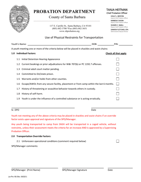 Form Juv-Pro-185 Use of Physical Restraints for Transportation - County of Santa Barbara, California