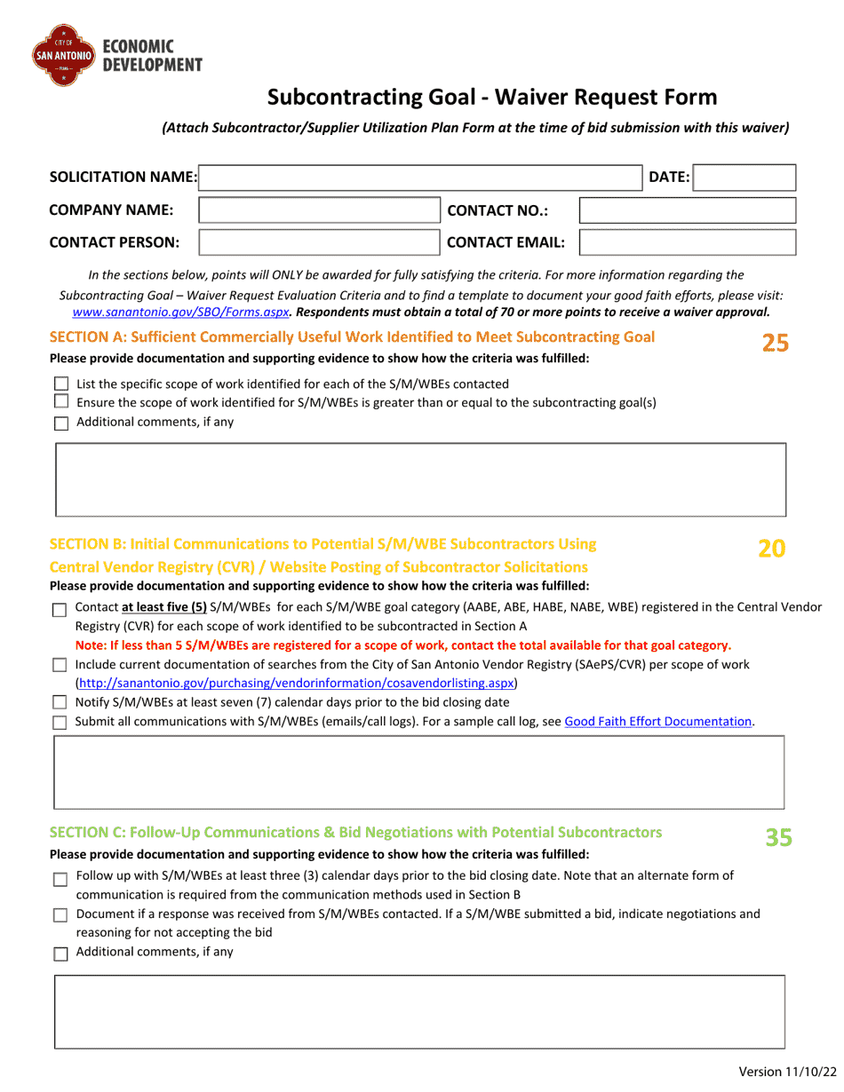 Subcontracting Goal - Waiver Request Form - City of San Antonio, Texas, Page 1