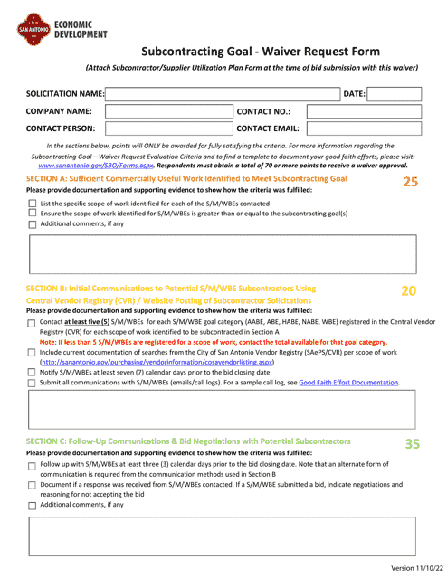 Subcontracting Goal - Waiver Request Form - City of San Antonio, Texas Download Pdf