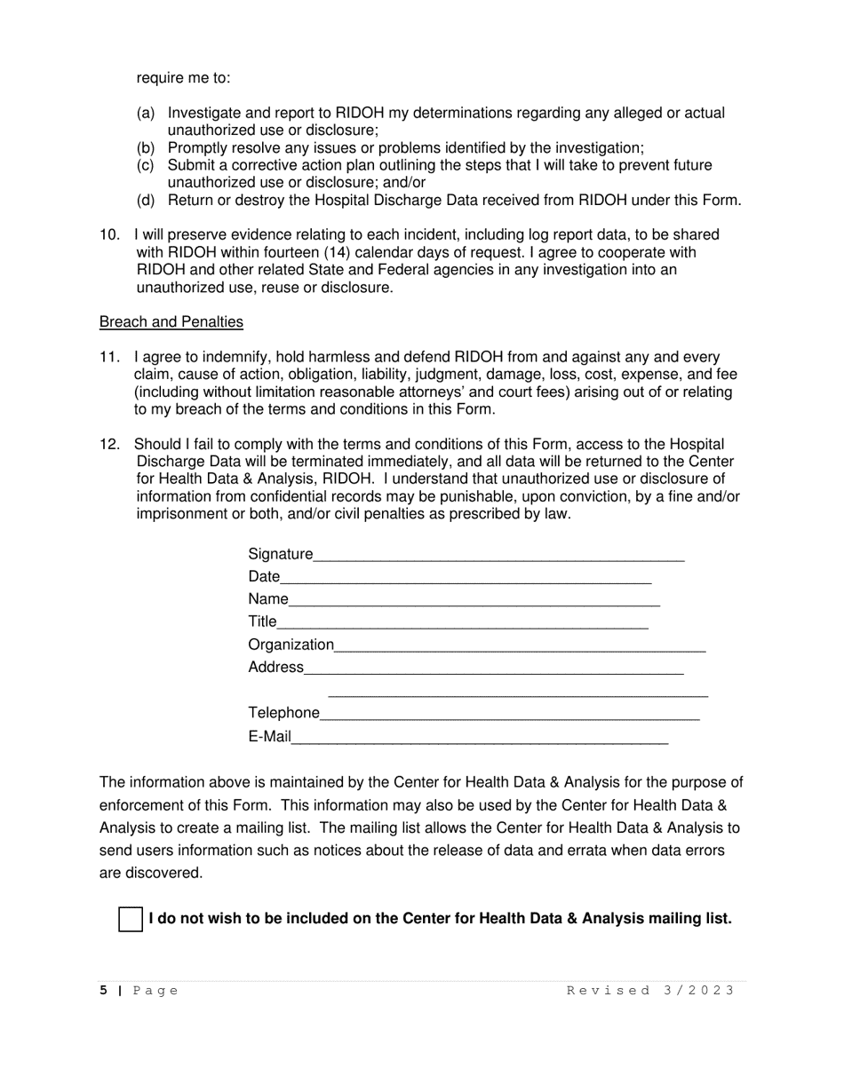 Data Request and Release Assurances Form - Rhode Island, Page 5