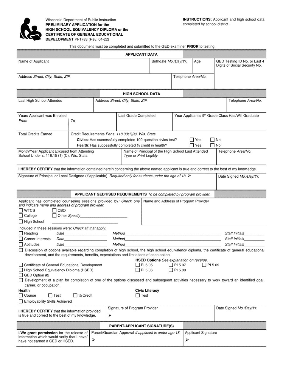 Form PI-1783 Preliminary Application for the High School Equivalency Diploma or the Certificate of General Educational Development - Wisconsin, Page 1