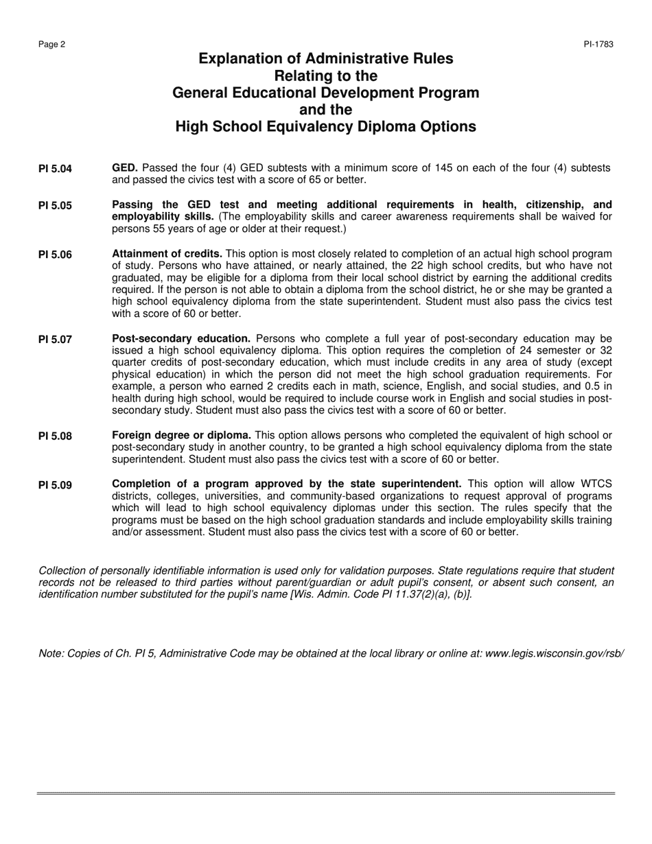 Form PI-1783 Preliminary Application for the High School Equivalency Diploma or the Certificate of General Educational Development - Wisconsin, Page 2