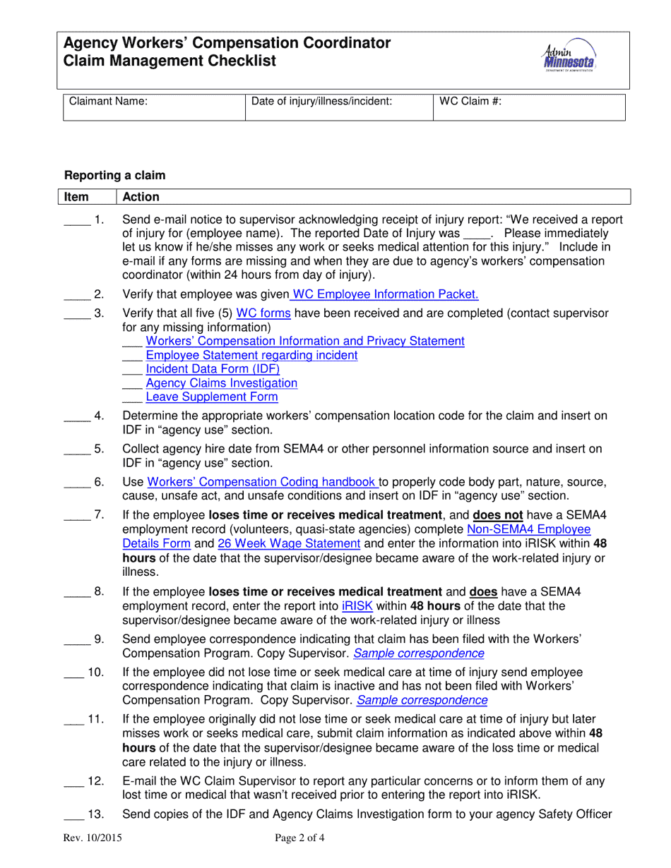 Agency Workers Compensation Coordinator Claim Management Checklist - Minnesota, Page 2