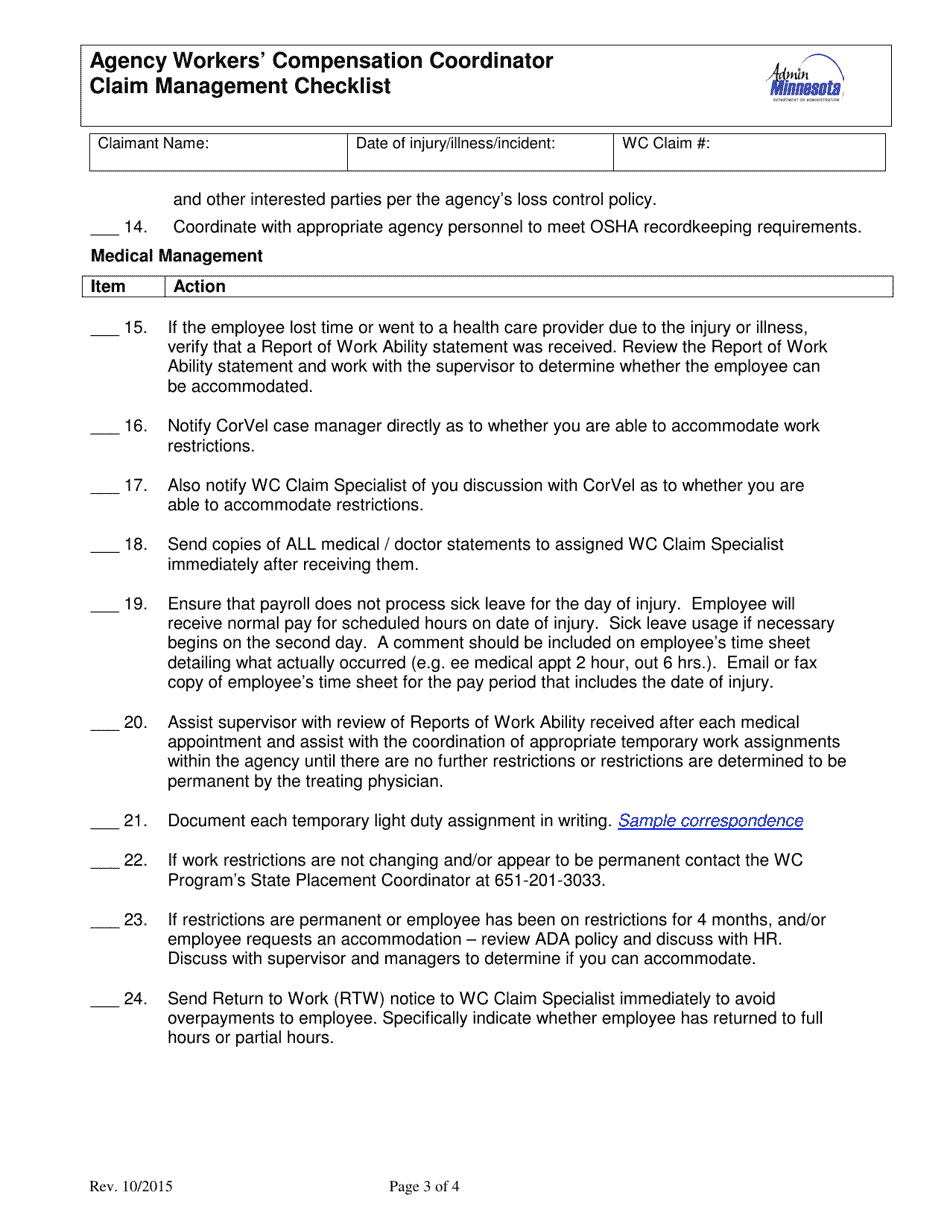 Agency Workers Compensation Coordinator Claim Management Checklist - Minnesota, Page 3