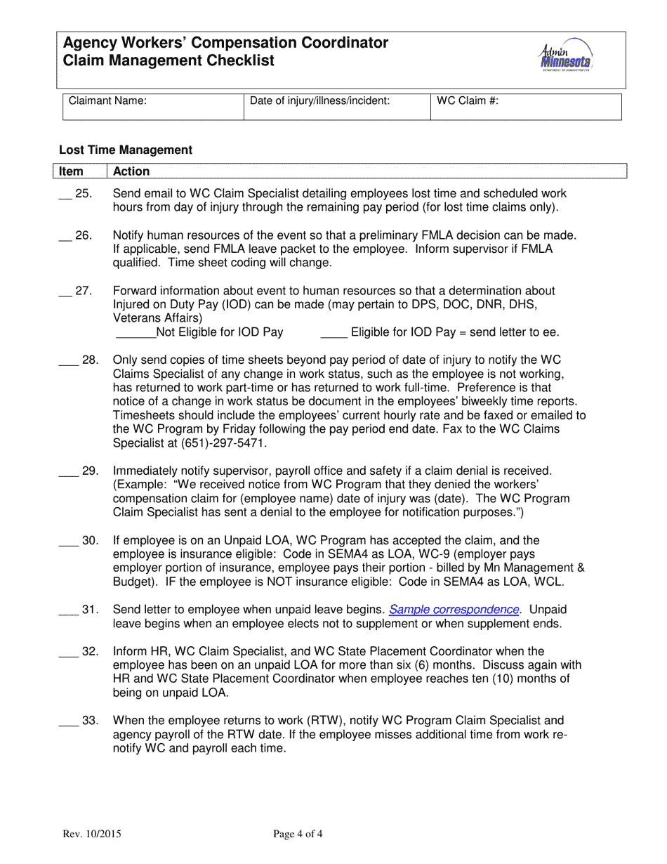Agency Workers Compensation Coordinator Claim Management Checklist - Minnesota, Page 4