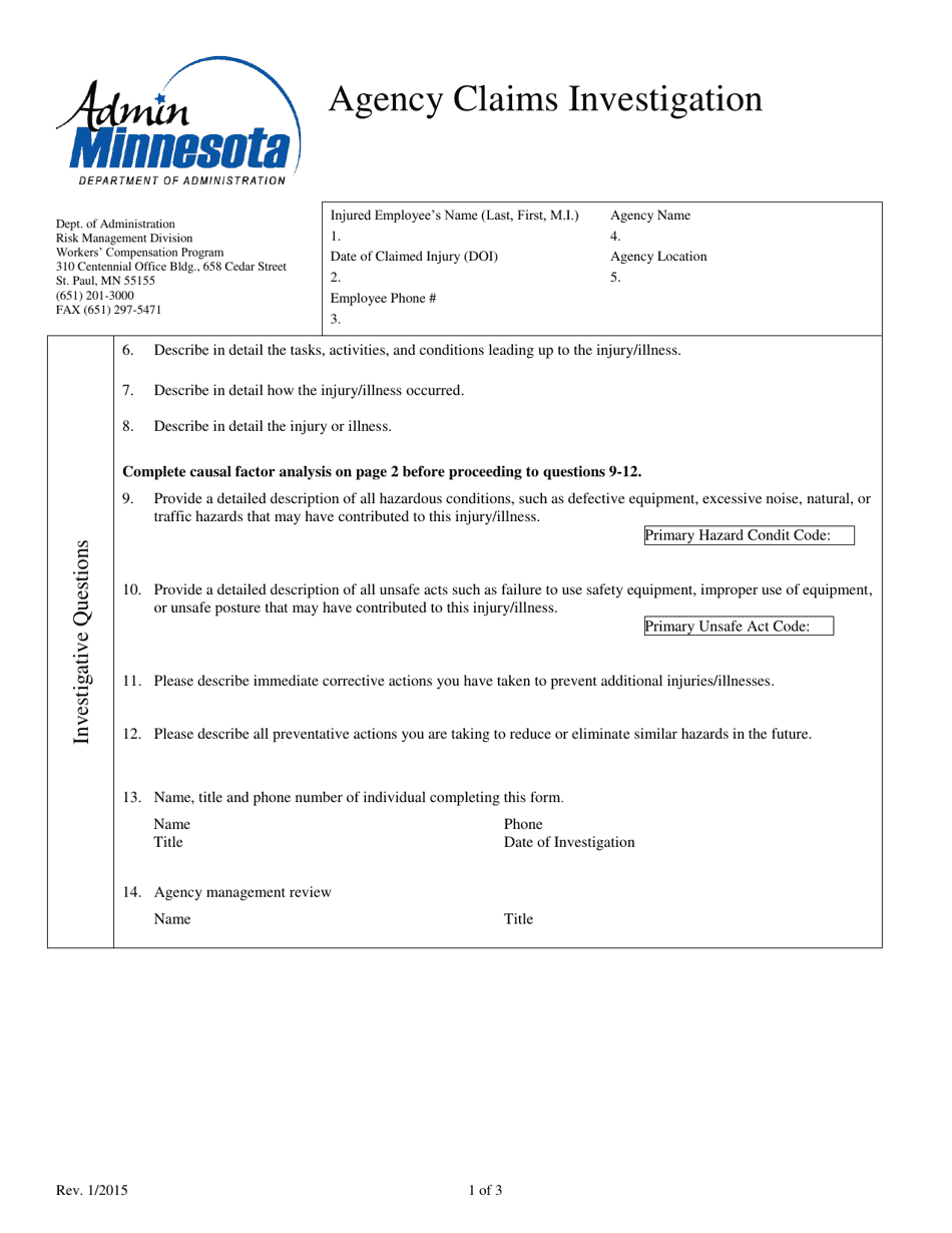 Agency Claims Investigation - Minnesota, Page 1