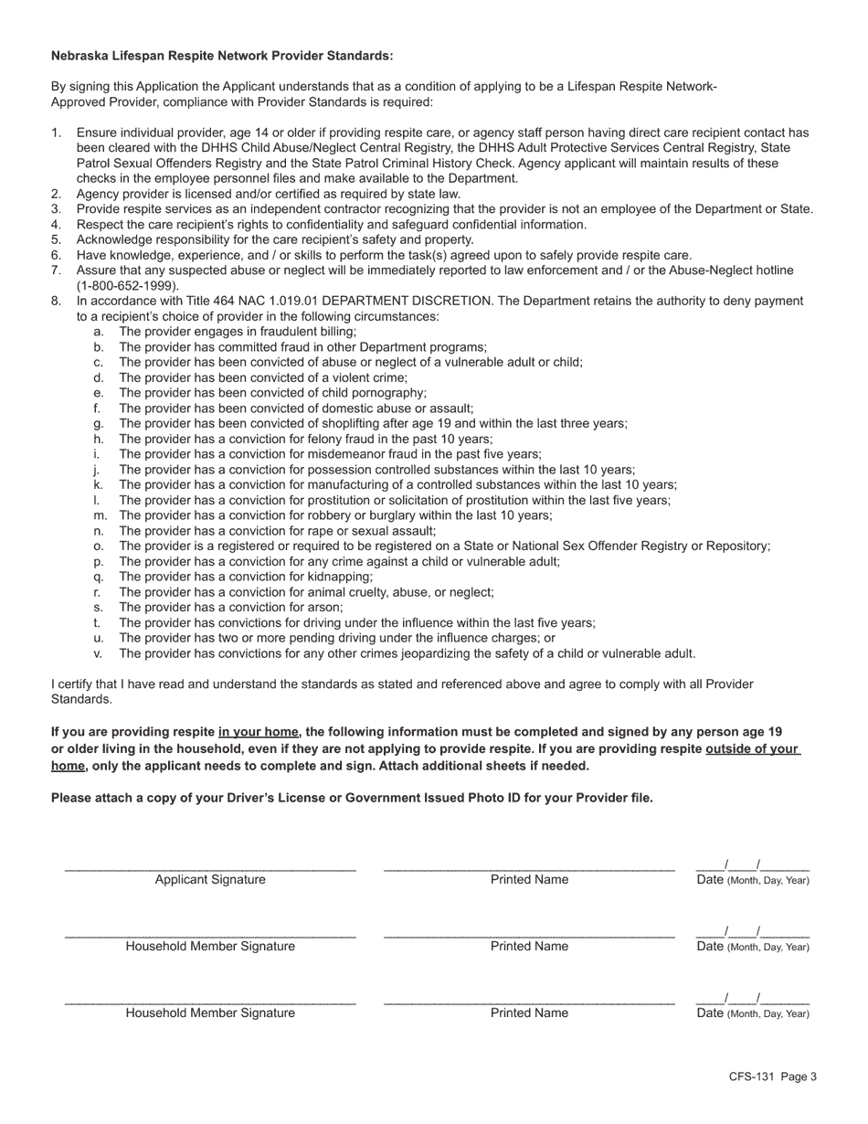 Form CFS-131 Individual Respite Provider Application - Nebraska, Page 3